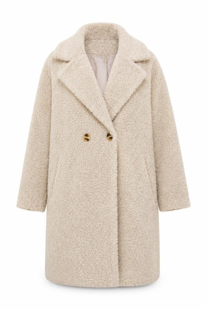 Front view of Gallery women’s beige long teddy fleece overcoat, size UK 8