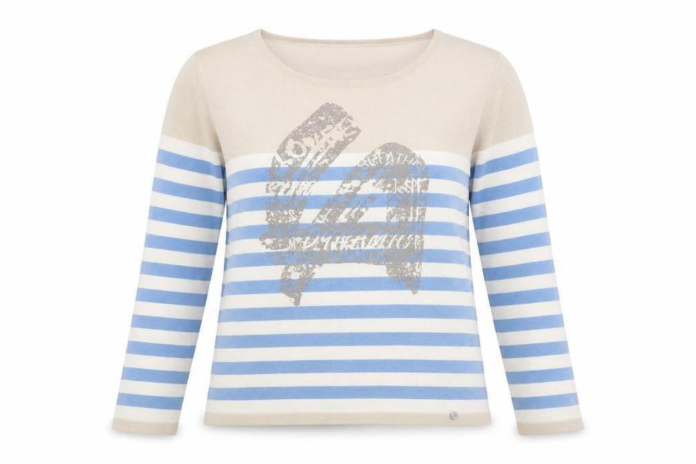 Front view of Golléhaug Collection women’s beige blue striped jumper, size UK 12