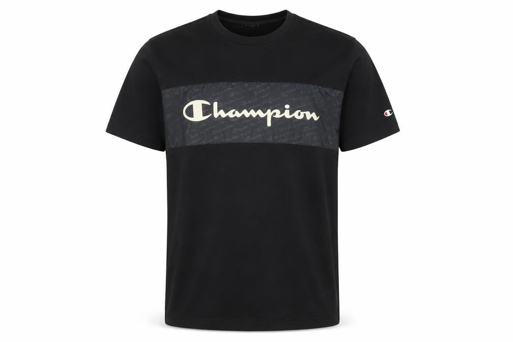 Front view of Champion Men's Black Medium Graphic Logo Crew Neck T-Shirt