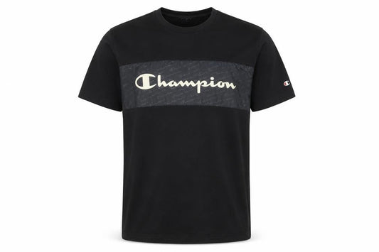 Front view of Champion Men's Black Medium Graphic Logo Crew Neck T-Shirt