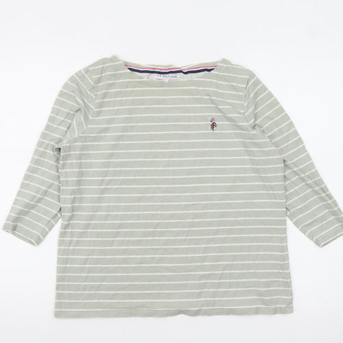 U.S. Polo Assn. Womens Green Striped 3/4 Sleeve Cotton T-Shirt M