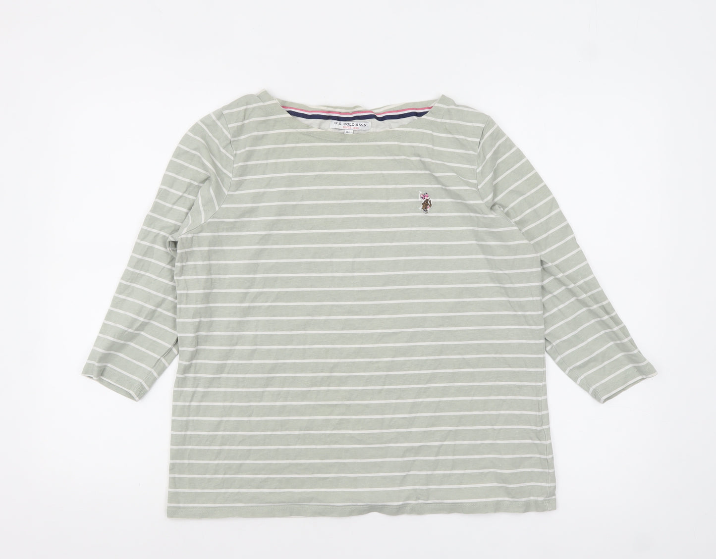 U.S. Polo Assn. Womens Green Striped 3/4 Sleeve Cotton T-Shirt M