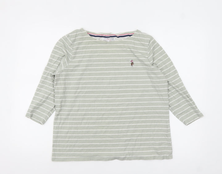 U.S. Polo Assn. Womens Green Striped 3/4 Sleeve Cotton T-Shirt M