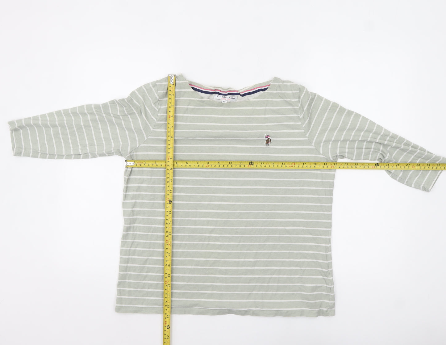 U.S. Polo Assn. Womens Green Striped 3/4 Sleeve Cotton T-Shirt M