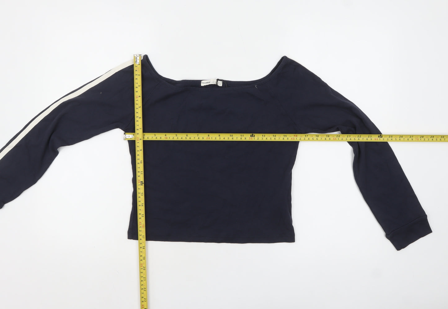 Pull&Bear Women's Blue Off Shoulder Cropped Long Sleeve Top Size L