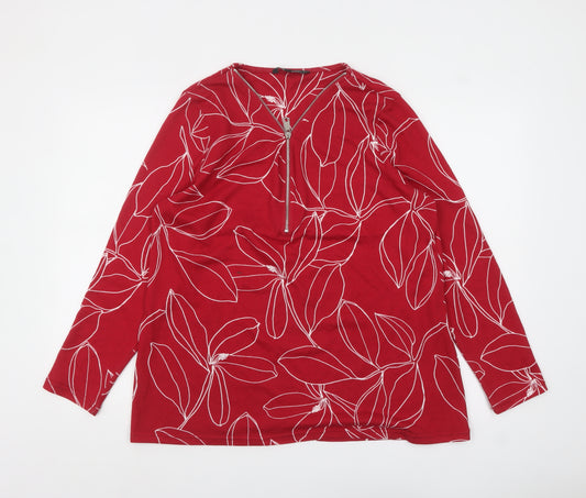 Love Leisure Women Red Floral Long Sleeve Zip Tunic Top Size 16