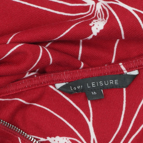 Love Leisure Women Red Floral Long Sleeve Zip Tunic Top Size 16