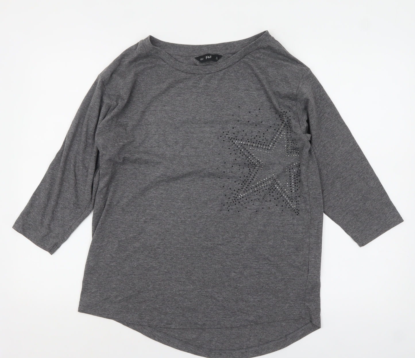 F&F Women’s Grey Rhinestone Star 3/4 Sleeve T-Shirt Size 12