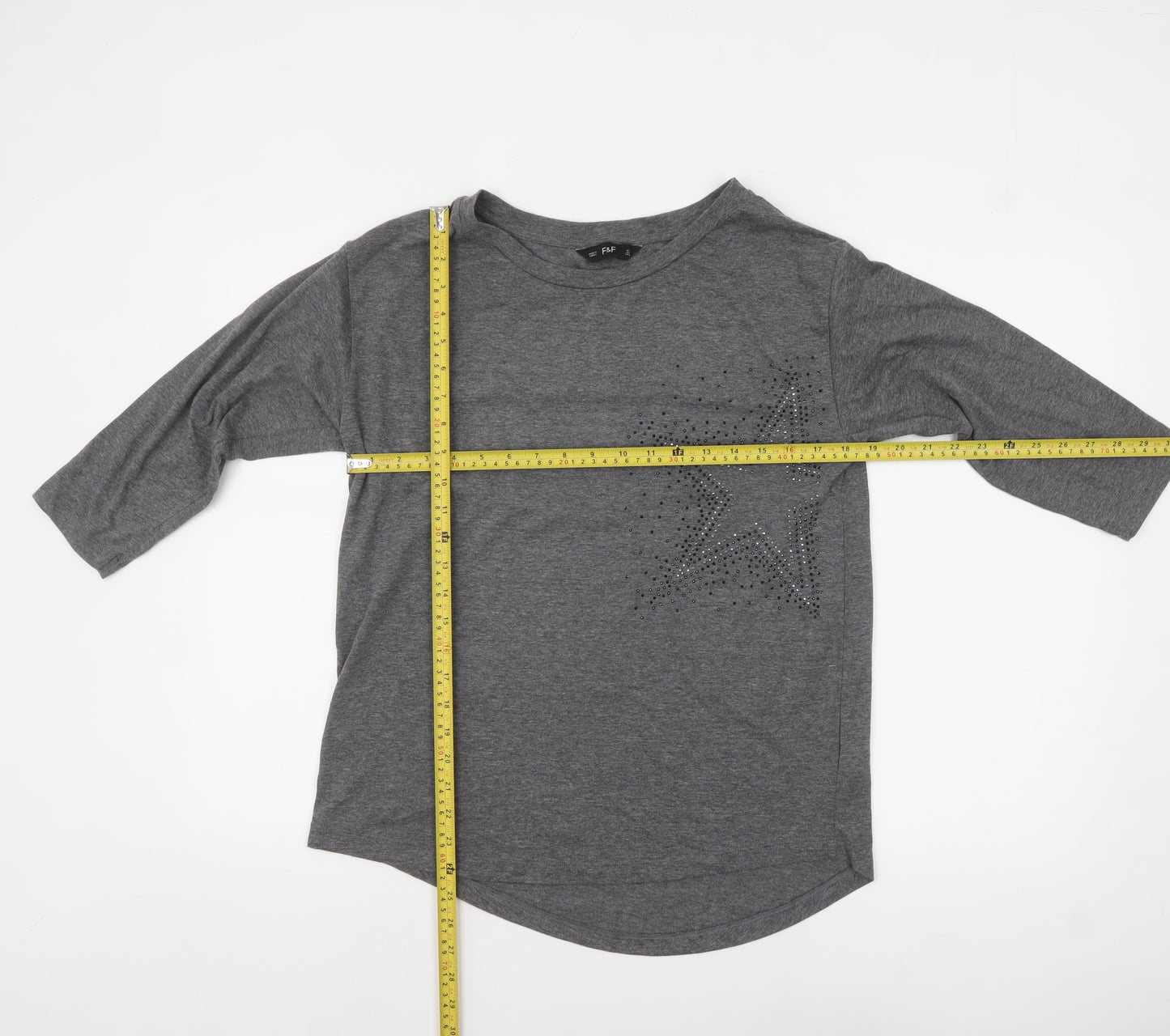F&F Women’s Grey Rhinestone Star 3/4 Sleeve T-Shirt Size 12