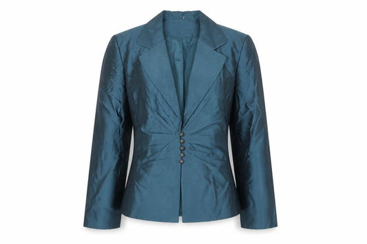 Front view of Travis Ayers Women's Blue Silk Blazer, size 12, Five Button Tailored Jacket