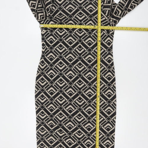 Roman Petite Black Geometric Bodycon Dress Size 8 Women's Midi