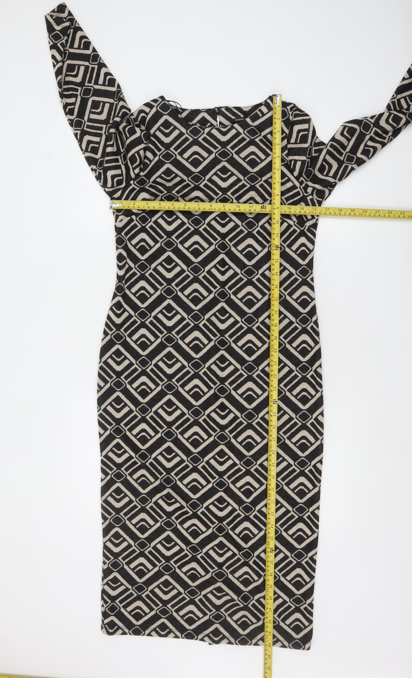 Roman Petite Black Geometric Bodycon Dress Size 8 Women's Midi