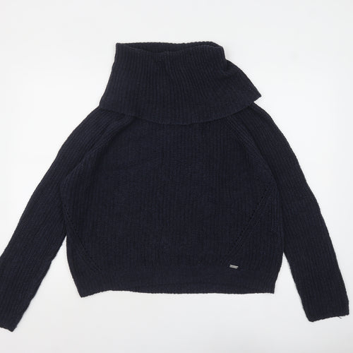 Hollister Women Blue Roll Neck Chunky-Knit Jumper L