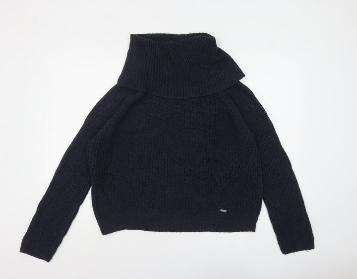 Hollister Women Blue Roll Neck Chunky-Knit Jumper L
