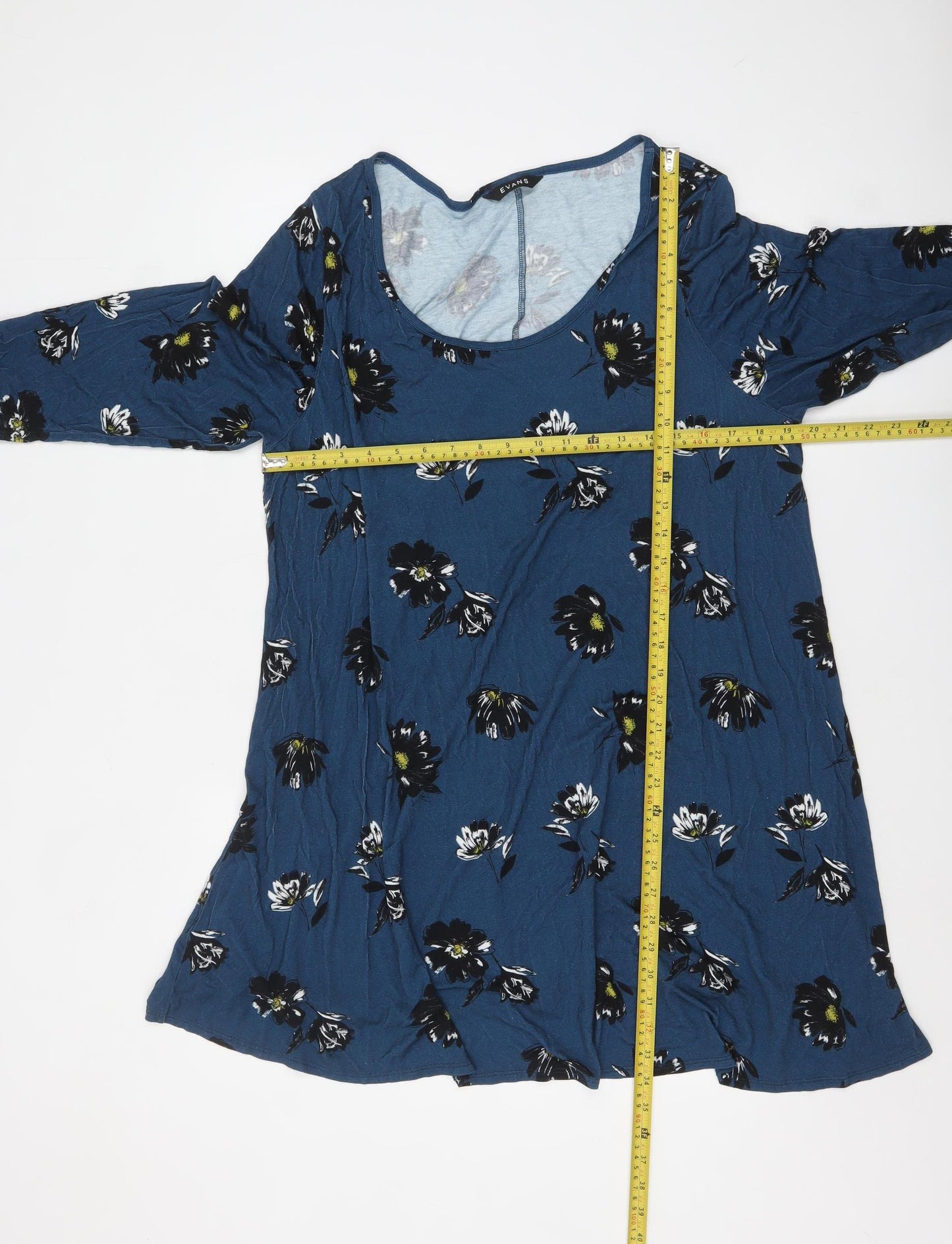 Evans Womens Blue Floral Tunic Top Size 20 Plus 3/4 Sleeve Viscose