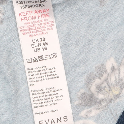 Evans Womens Blue Floral Tunic Top Size 20 Plus 3/4 Sleeve Viscose