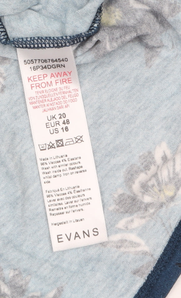 Evans Womens Blue Floral Tunic Top Size 20 Plus 3/4 Sleeve Viscose