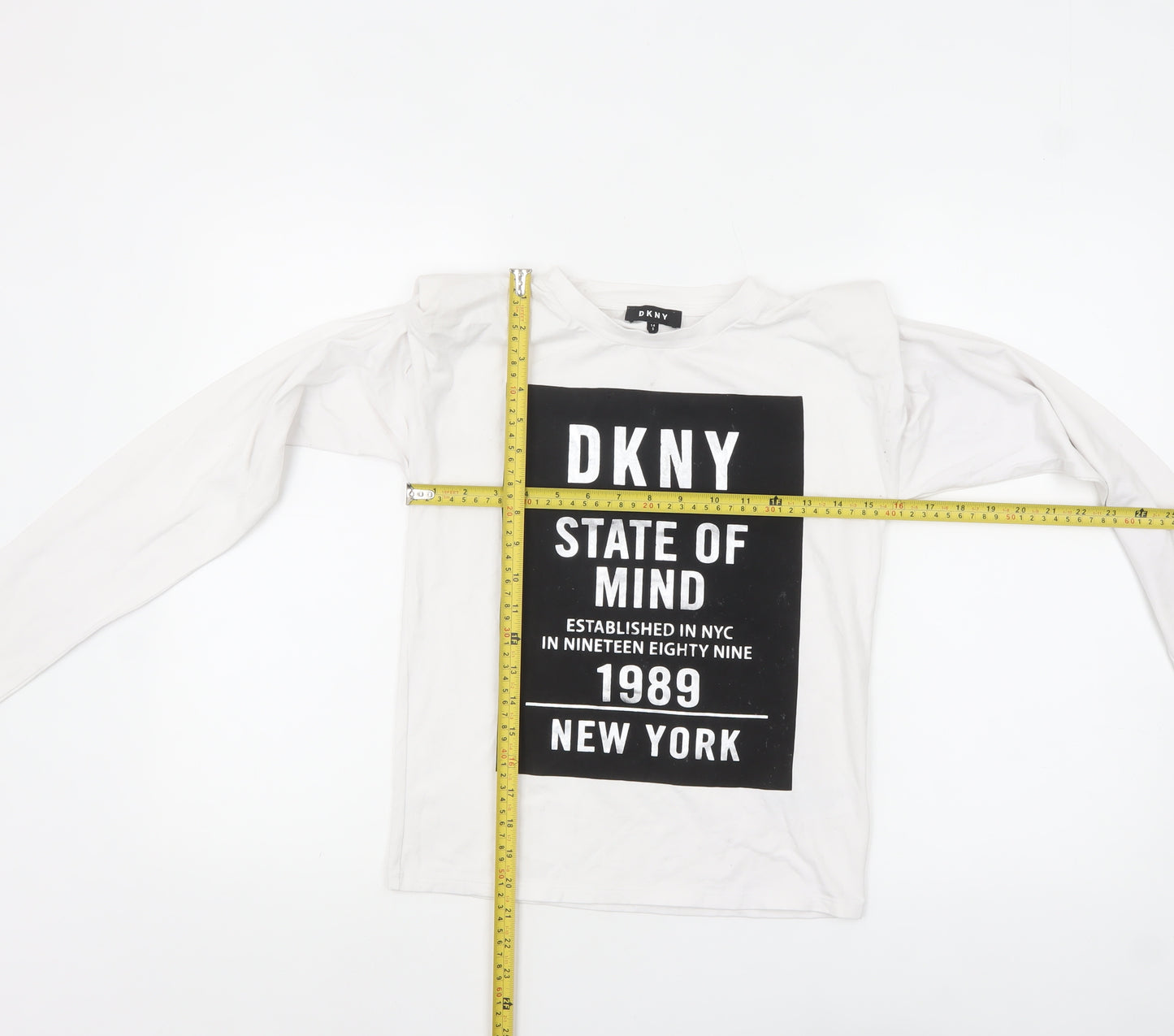 DKNY Women's White Long Sleeve Crew Neck Logo T-Shirt Size 14