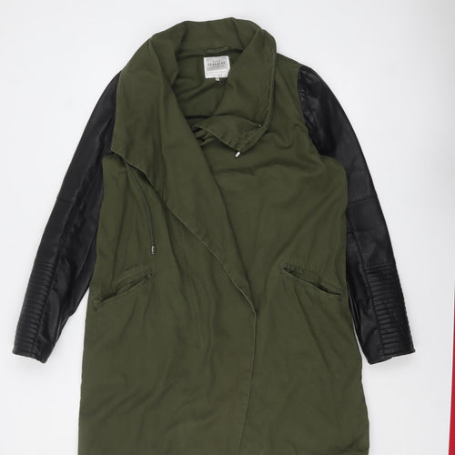 Zara Trafaluc Women’s Green Military Long Coat Size 14 Hooded Faux Leather Sleeves