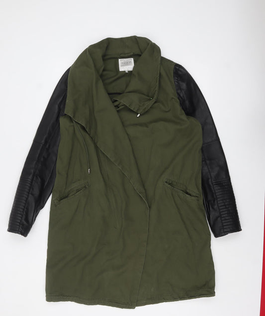 Zara Trafaluc Women’s Green Military Long Coat Size 14 Hooded Faux Leather Sleeves