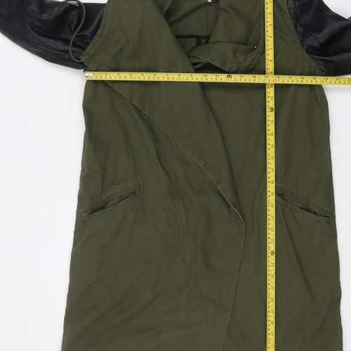 Zara Trafaluc Women’s Green Military Long Coat Size 14 Hooded Faux Leather Sleeves