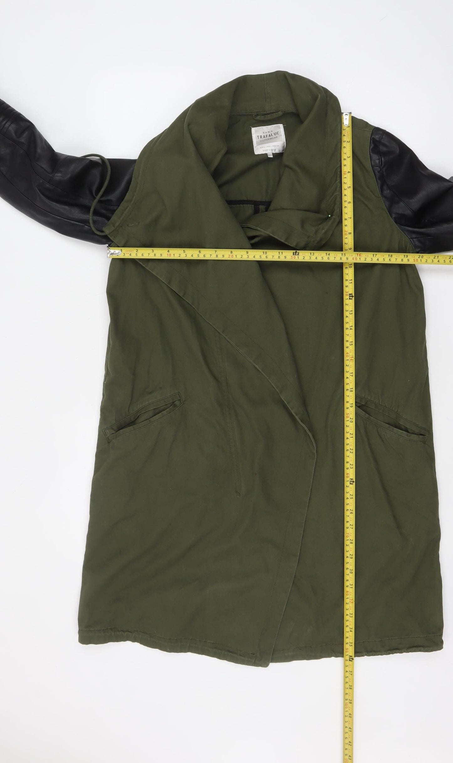 Zara Trafaluc Women’s Green Military Long Coat Size 14 Hooded Faux Leather Sleeves