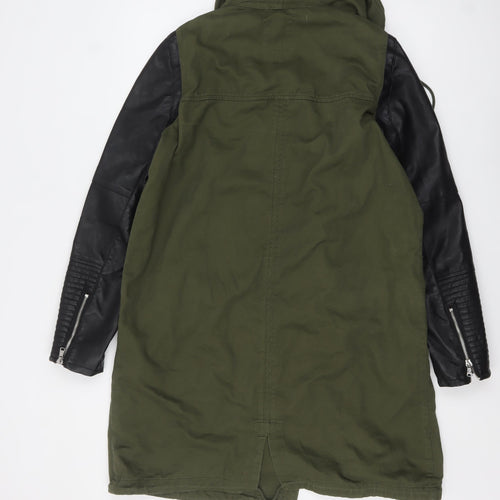 Zara Trafaluc Women’s Green Military Long Coat Size 14 Hooded Faux Leather Sleeves
