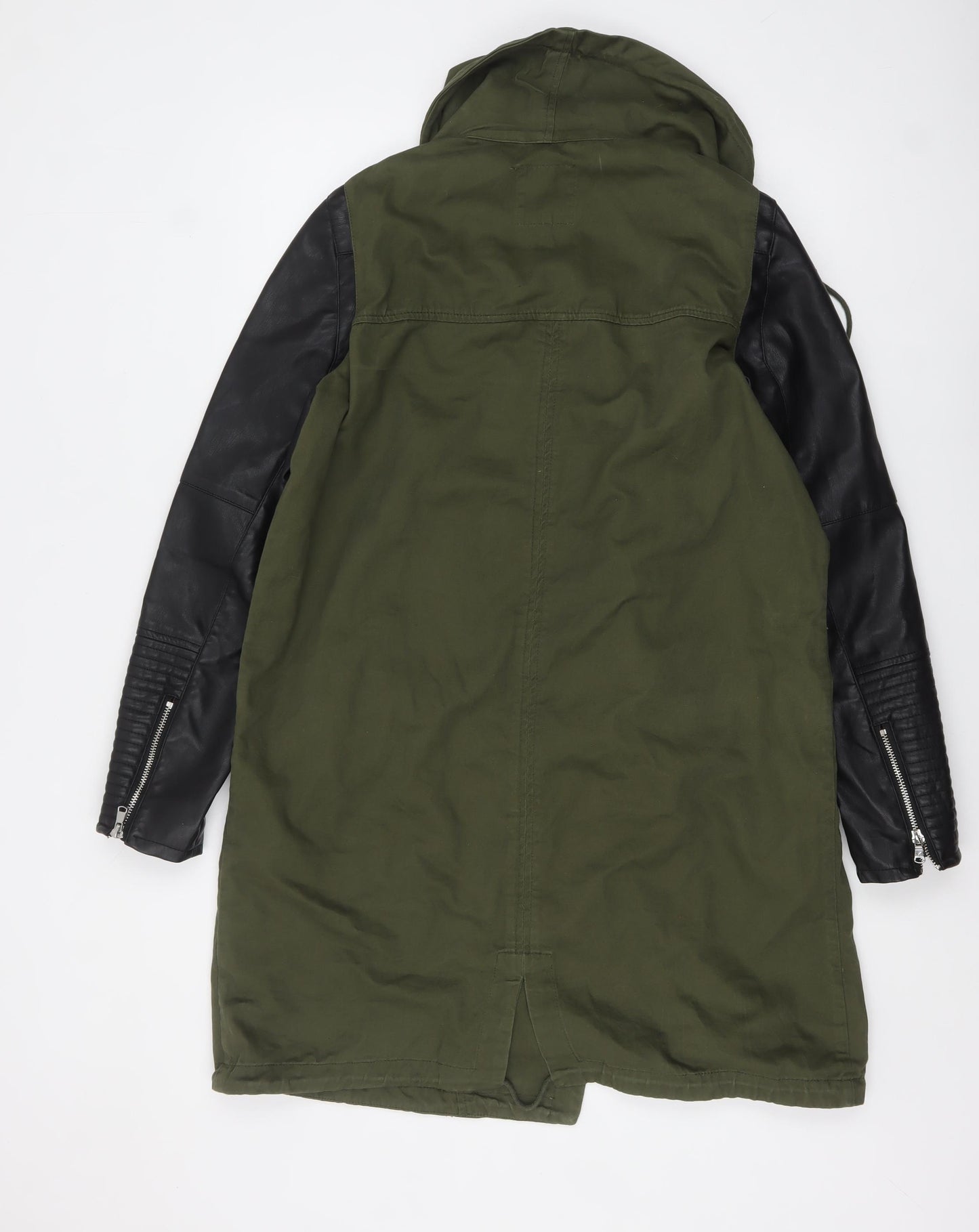 Zara Trafaluc Women’s Green Military Long Coat Size 14 Hooded Faux Leather Sleeves