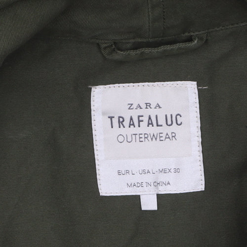 Zara Trafaluc Women’s Green Military Long Coat Size 14 Hooded Faux Leather Sleeves