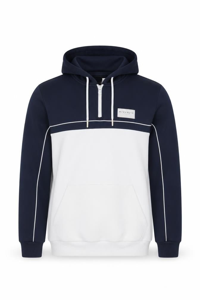 Front view of McKenzie Men's Blue 1/4 Zip Hoodie, size M, Regular Fit