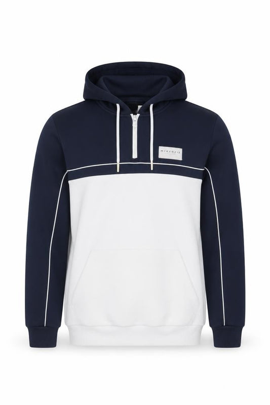 Front view of McKenzie Men's Blue 1/4 Zip Hoodie, size M, Regular Fit