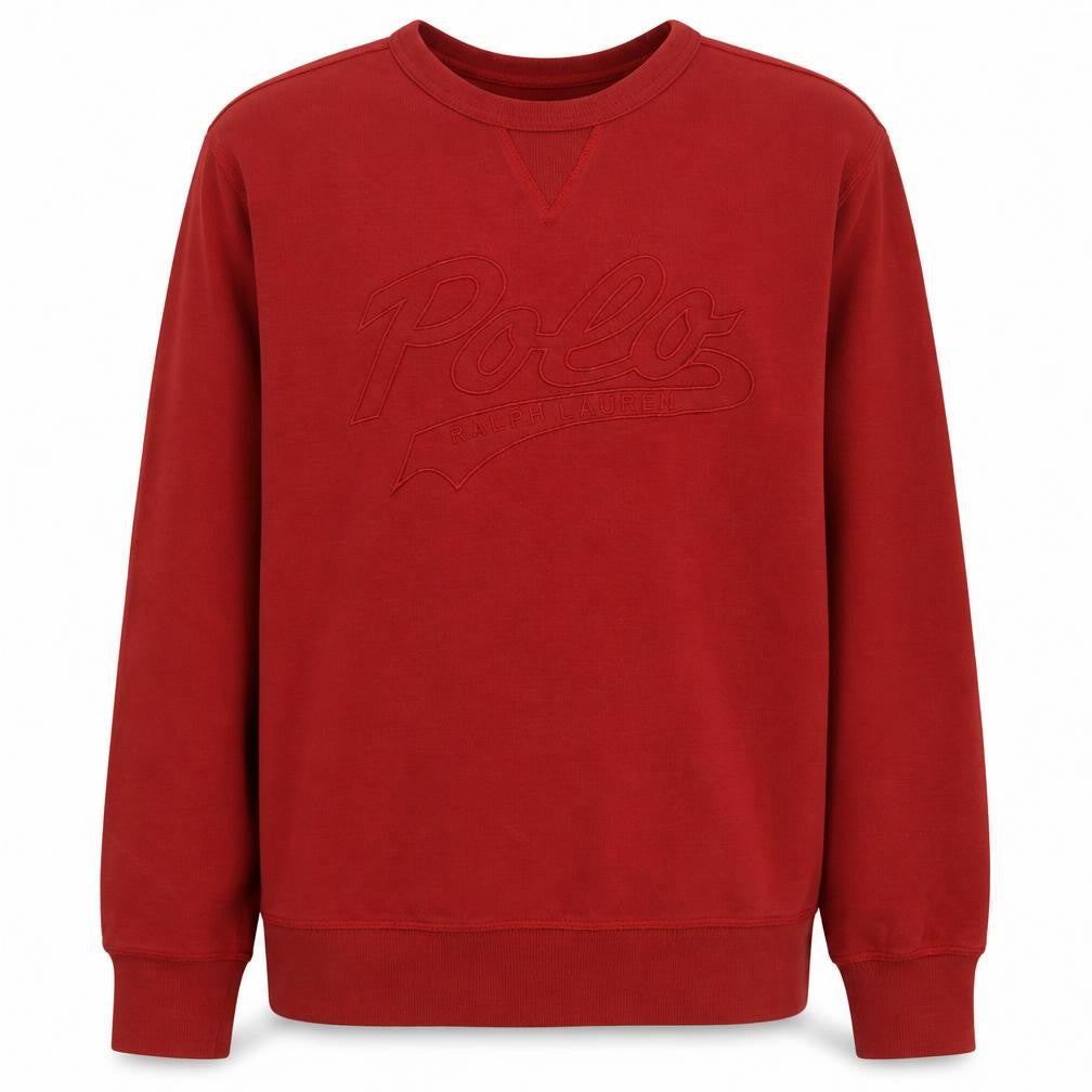 Front view of Ralph Lauren boys’ red pullover crew neck sweatshirt, size 14-16, years