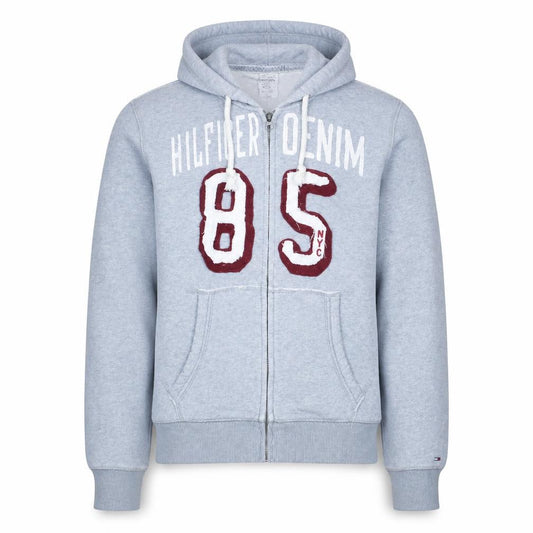 Front view of Tommy Hilfiger Men Grey Full Zip Logo Hoodie, size M