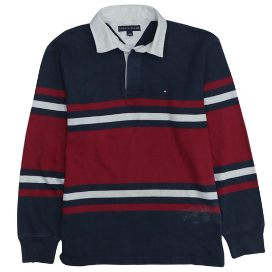 Tommy Hilfiger Men Navy Red Striped Long Sleeve Polo Shirt M