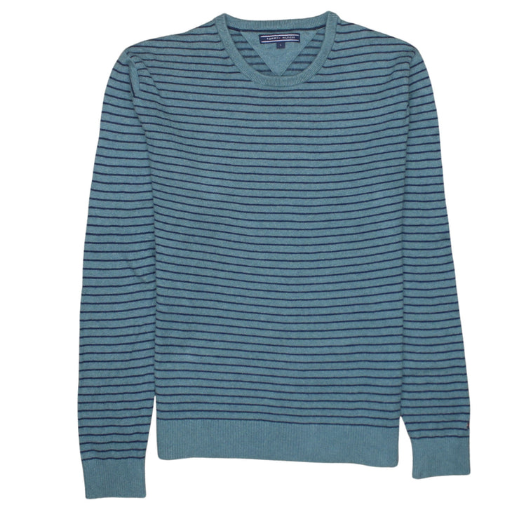 Tommy Hilfiger Men's Blue Striped Cotton Cashmere Crew Neck Jumper L