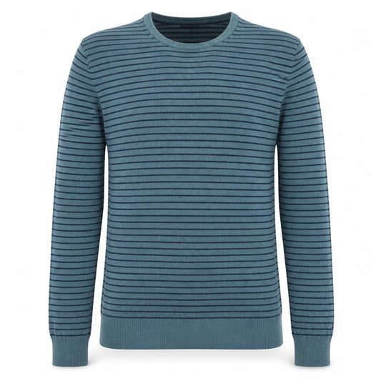 Front view of Tommy Hilfiger Men's Blue Striped Cotton Cashmere Crew Neck Jumper L