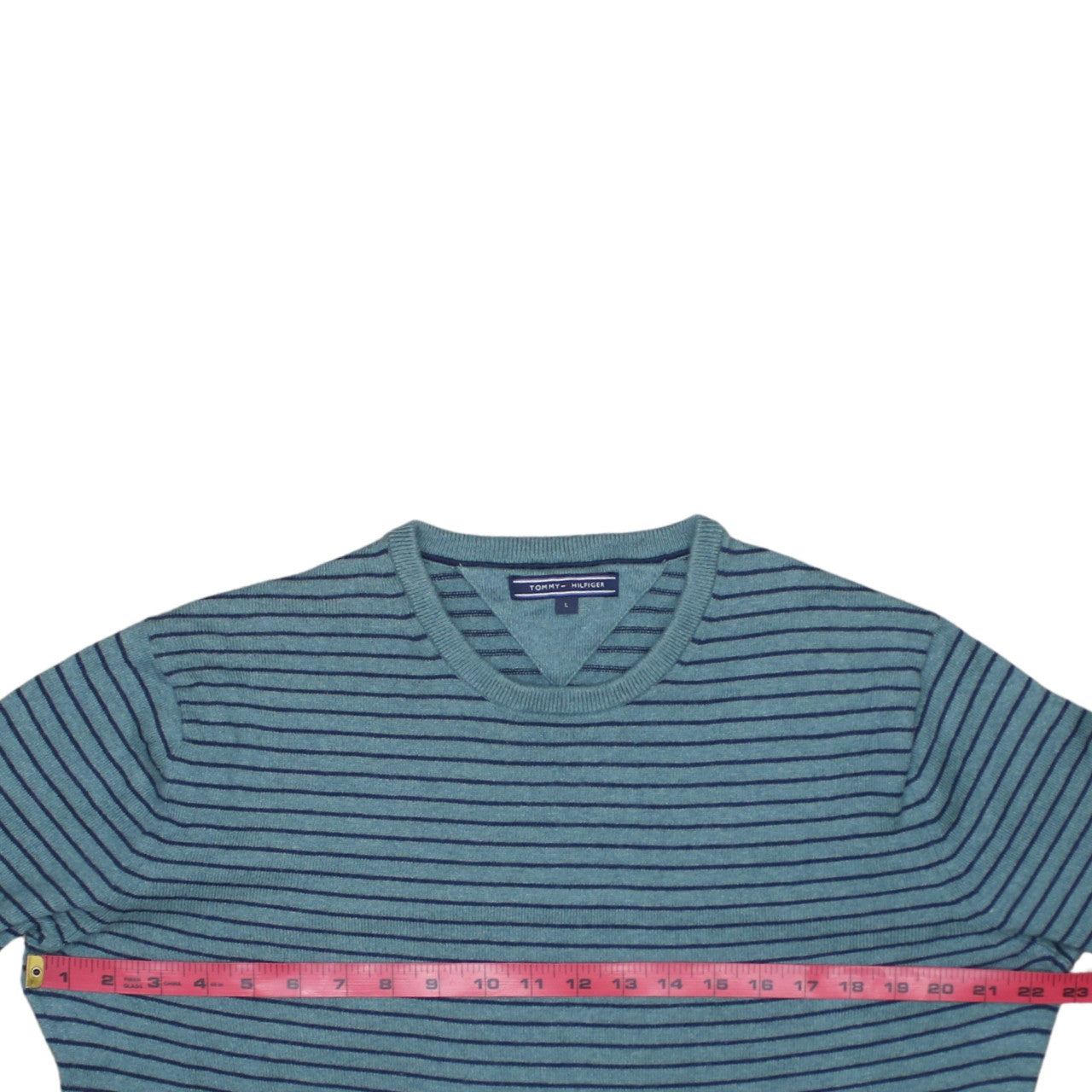 Tommy Hilfiger Men's Blue Striped Cotton Cashmere Crew Neck Jumper L