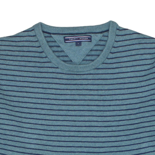 Tommy Hilfiger Men's Blue Striped Cotton Cashmere Crew Neck Jumper L