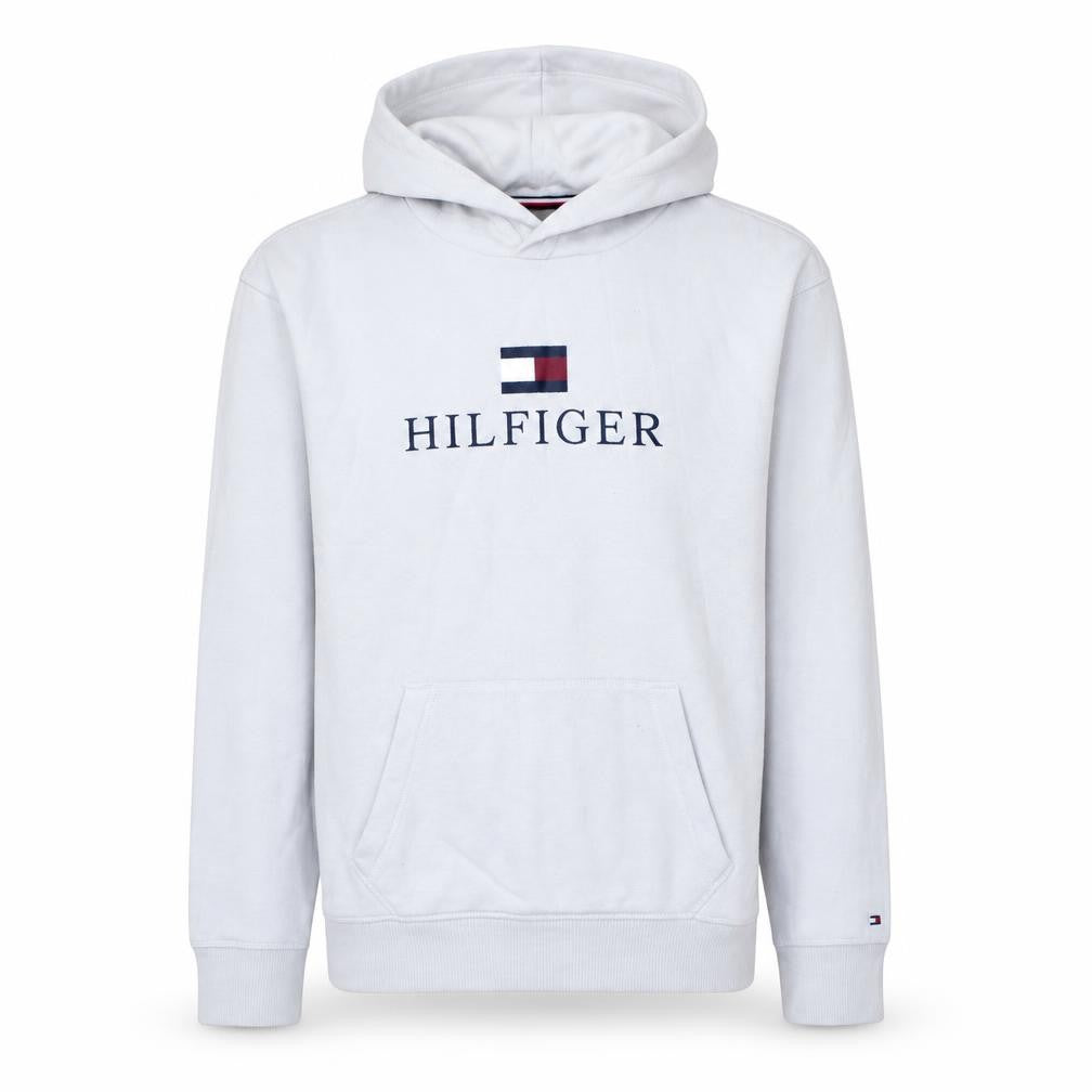 Front view of Tommy Hilfiger boys’ white pullover hoodie 176 logo graphic sweatshirt
