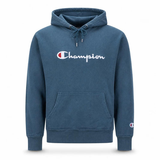 Front view of Champion Men's Blue Small Reverse Weave Pullover Hoodie