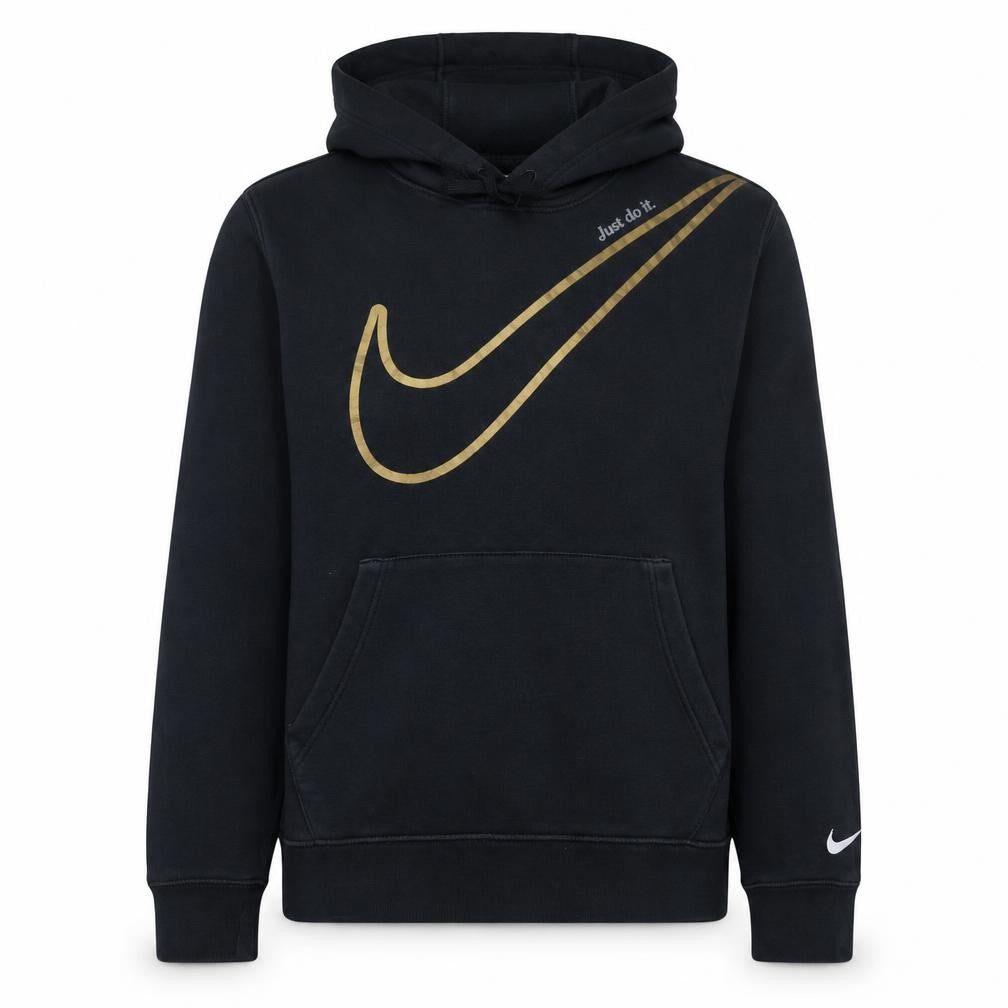 Front view of Nike Women's Black Gold Swoosh Pullover Hoodie, size S