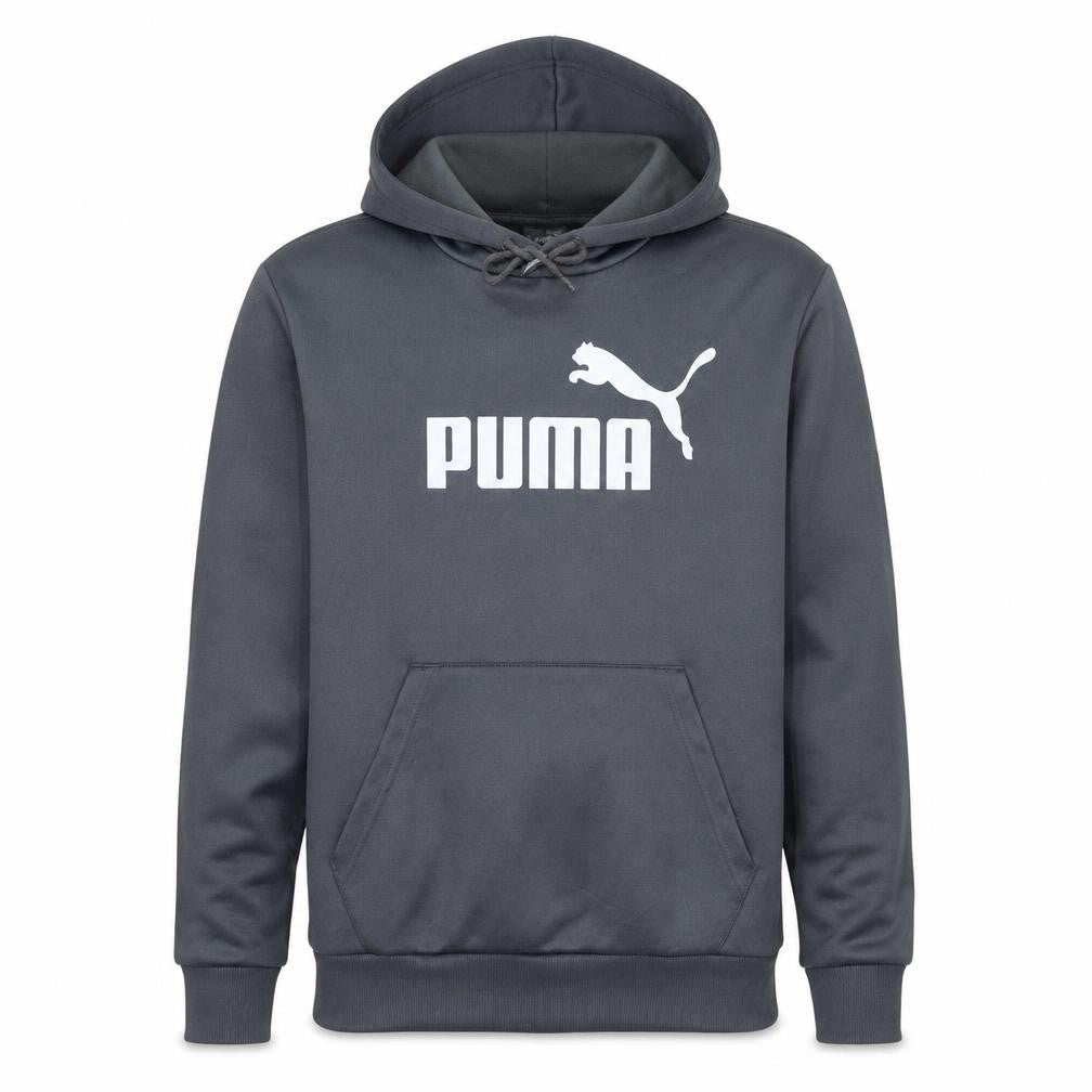 Front view of Puma Men's Grey Pullover Hoodie, size M, Logo Graphic Sportswear