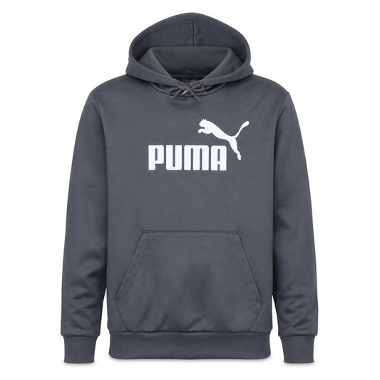 Front view of Puma Men's Grey Pullover Hoodie, size M, Logo Graphic Sportswear