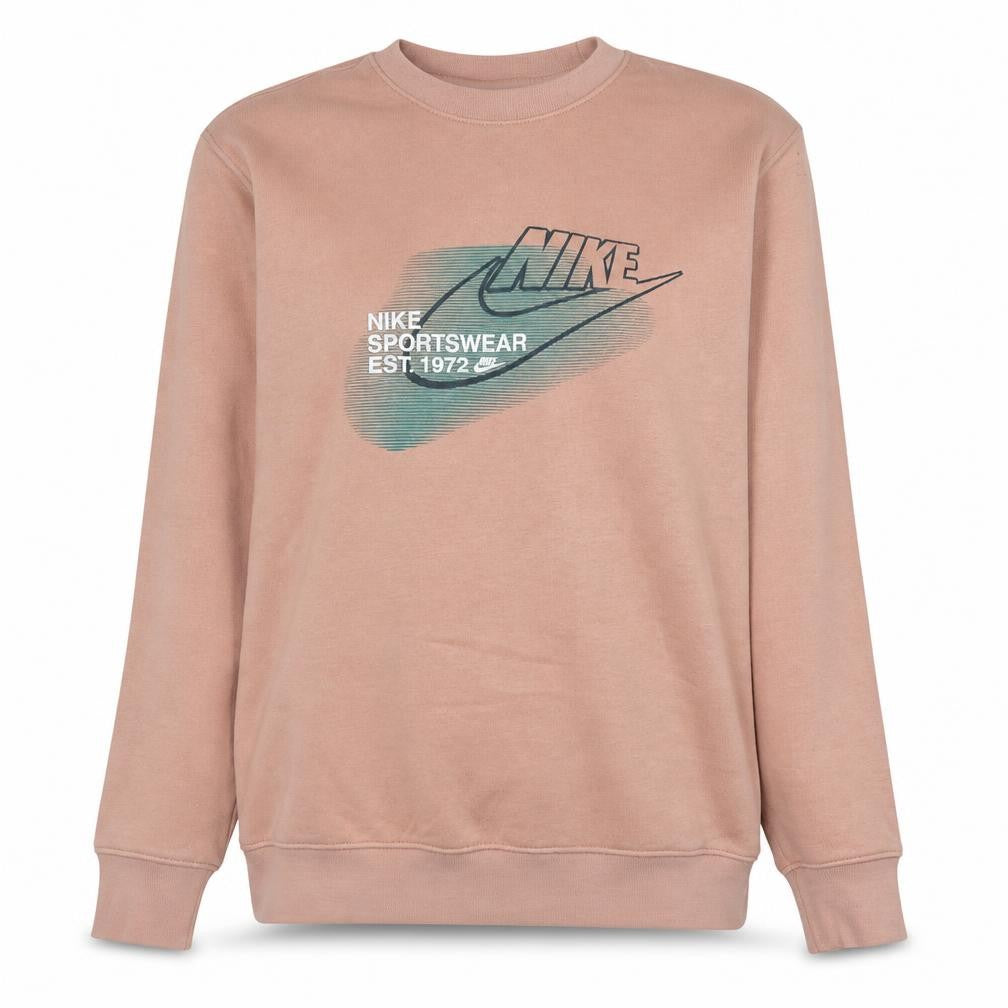 Front view of Nike women’s pink graphic logo pullover sweatshirt, size M