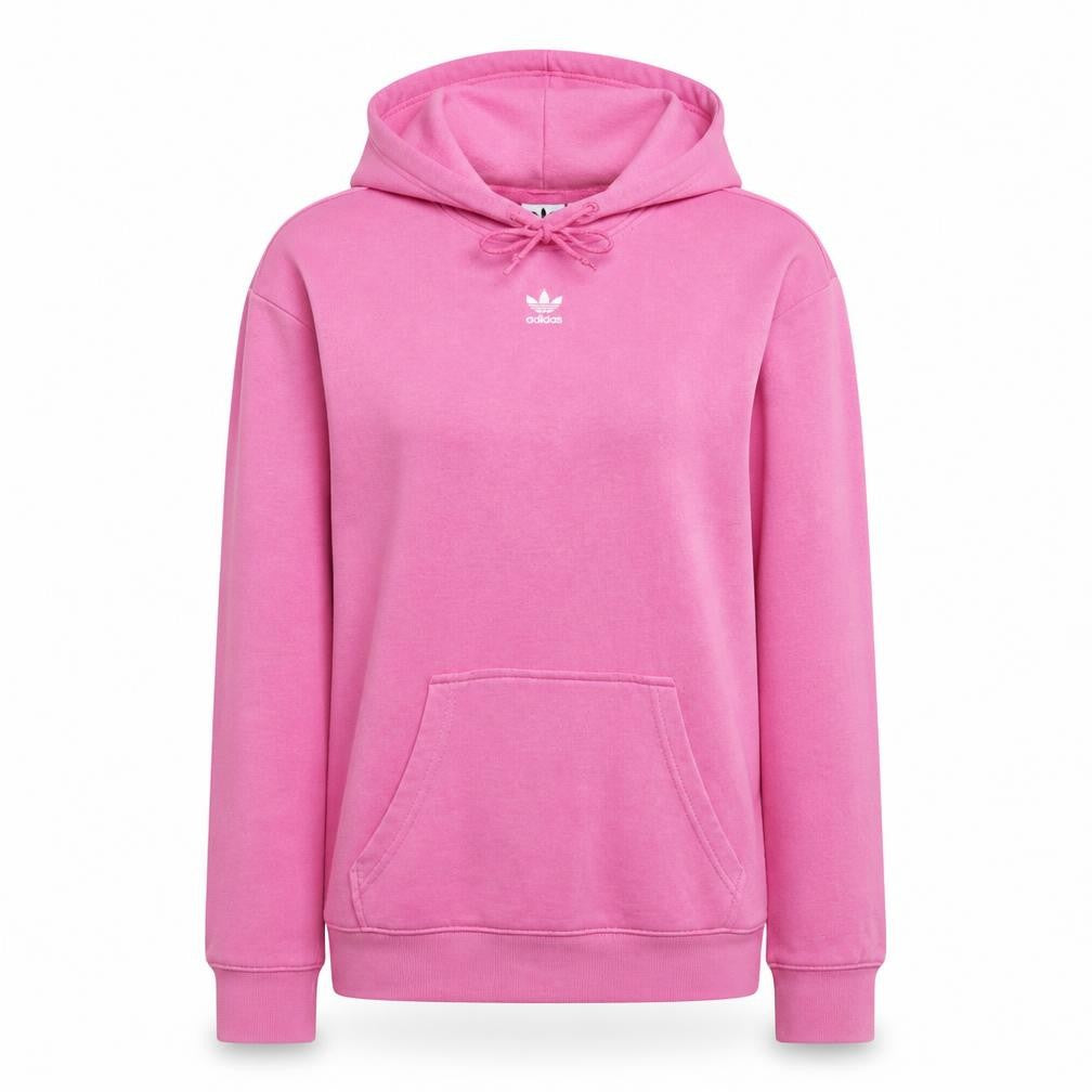 Front view of Adidas women’s pink pullover hoodie, size UK 10, cotton drawstring casual