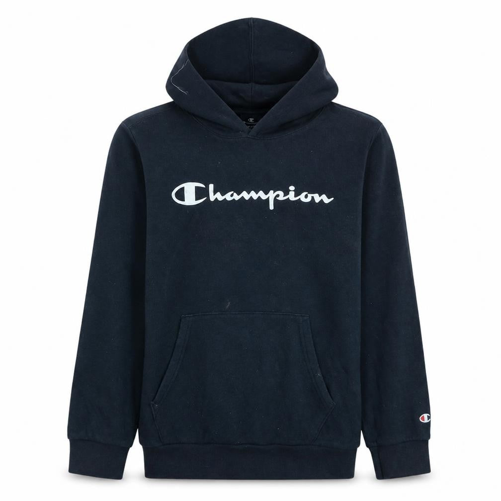 Front view of Champion boys’ black pullover hoodie, size 11-12, years classic logo style