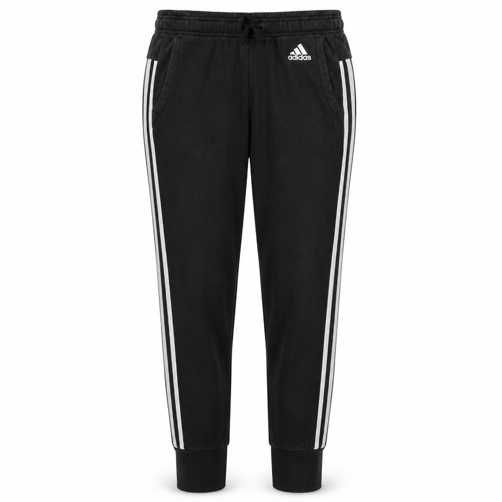 Front view of Adidas women’s black small jogger sweatpants with white stripes
