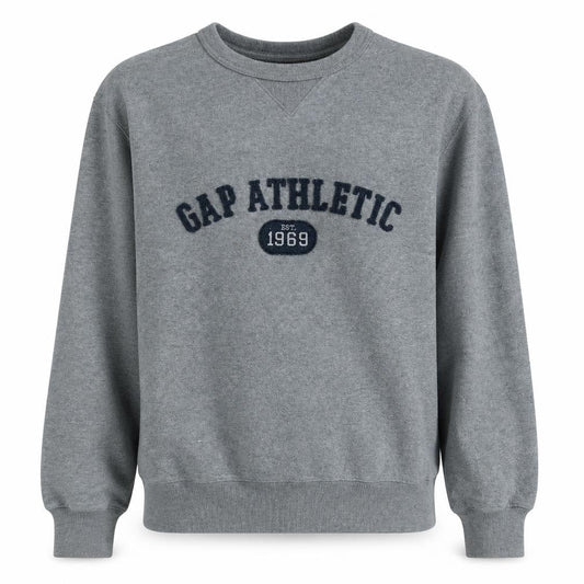 Front view of Gap men’s grey athletic crew neck pullover sweatshirt, size S