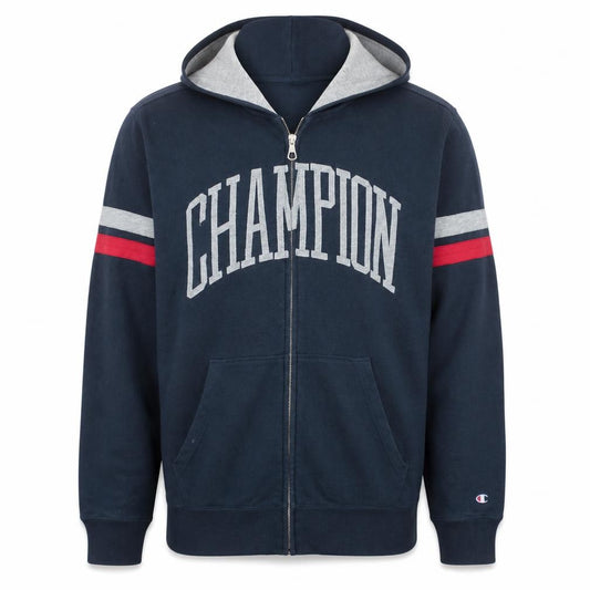 Front view of Champion Men's Blue XL Full Zip Hoodie with Logo Design