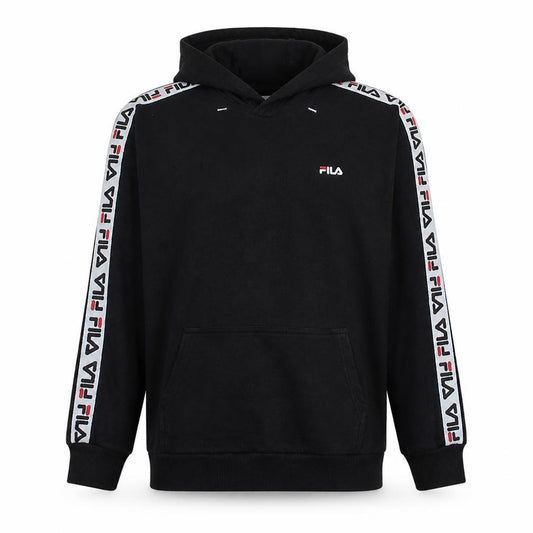 Front view of Fila men’s black hoodie s pullover logo tape trim cotton blend
